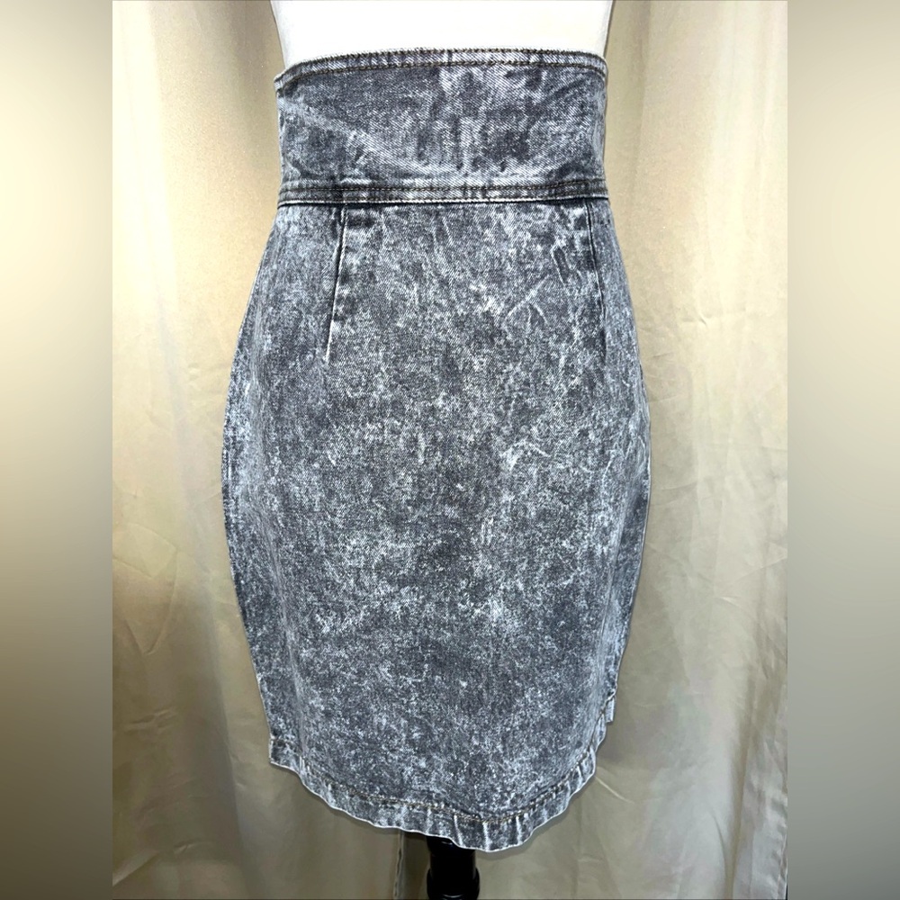 VTG Zena Denim Skirt High Rise Waist USA MADE Midi Pencil Black Acid Wash Sz 9
